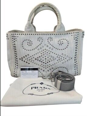 Prada Crystal Studded Lg Canapa Denim Tote Full Inclusion in EUC